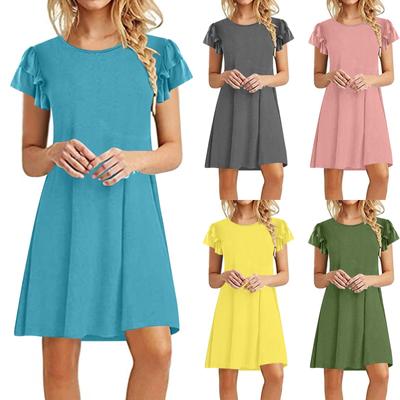 Γυναικείο Καλοκαιρινό Vintage Μονόχρωμο Φαρδύ Φόρεμα με Κοντά Μανίκια και Βολάν στο Κάτω Μέρος