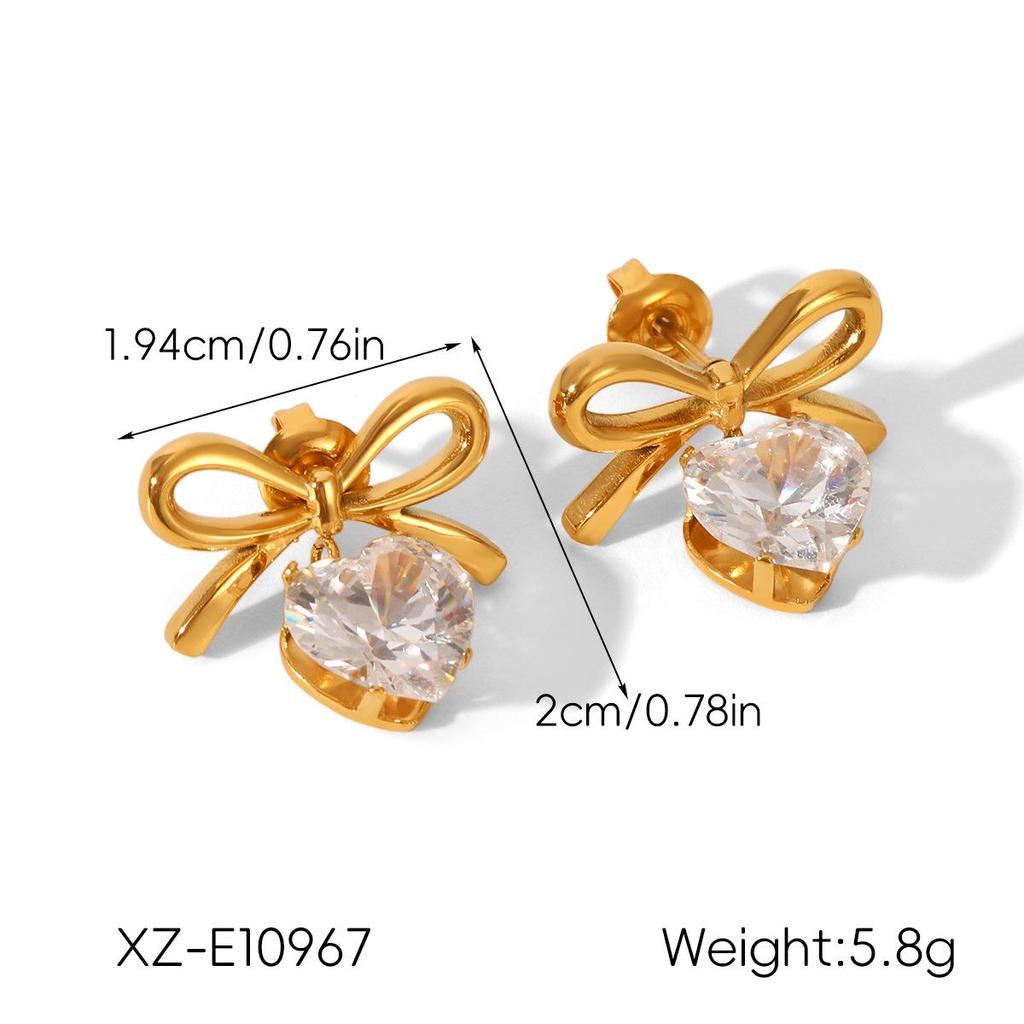 Stainless Steel Zircon Heart & Bow Earrings - European & American Inspired Luxury Titanium Jewelry