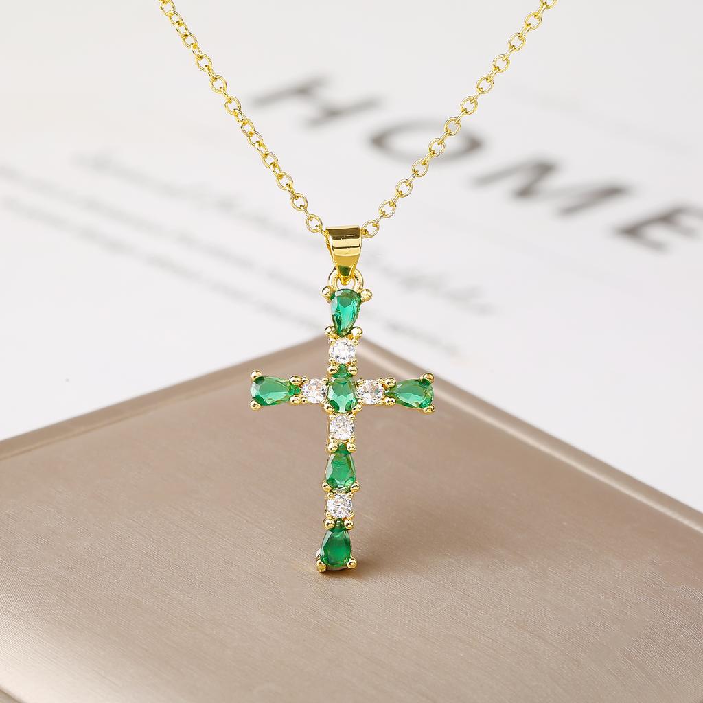 Shiny Rhinestones Cross Necklace Colorful Cubic Zirconia Pendant Christian Religious Zircon for Women Fashion Choker Gift