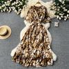 Vintage Elegant V Neck Split Print Short Sleeve Dress Chic Slim A Line Vestidos Summer Vacation Party Women Fashion Dresses