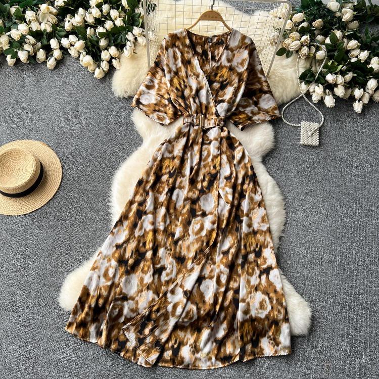 Vintage Elegant V Neck Split Print Short Sleeve Dress Chic Slim A Line Vestidos Summer Vacation Party Women Fashion Dresses