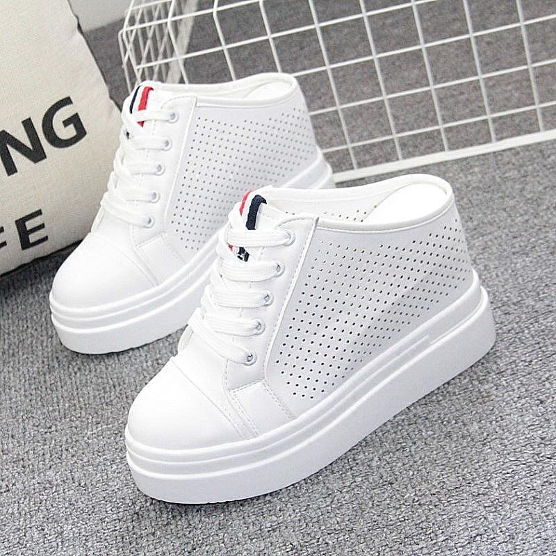 Fashion 10CM High Quality Femme Wedges Half Slipper Shoes Woman Sneakers Chunky Platform Casual Increase Zapatillas Mujer Flats