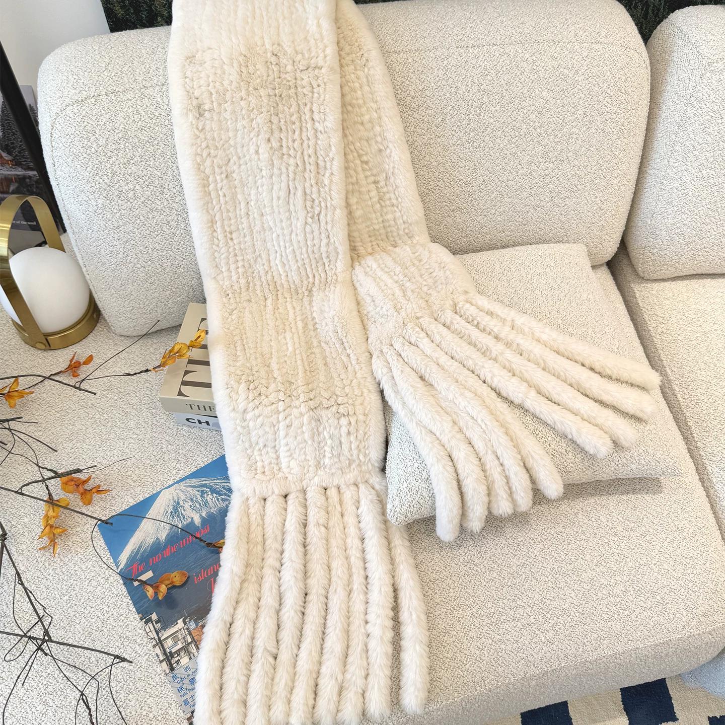 Женский новый зимний меховой шаль двусторонний кролик рекс плетеный длинная кисточка расширенный шарф