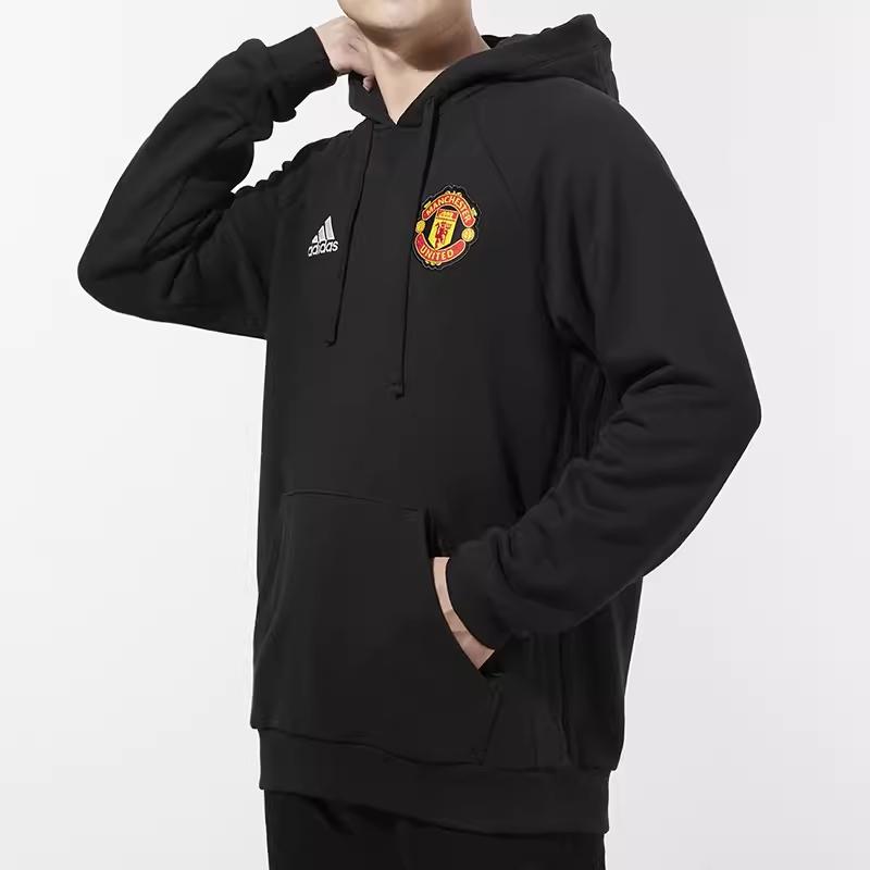 adidas Manchester United Embroidered Logo Hoodie, Men Casual Football Long Sleeve Tops Black GR3909