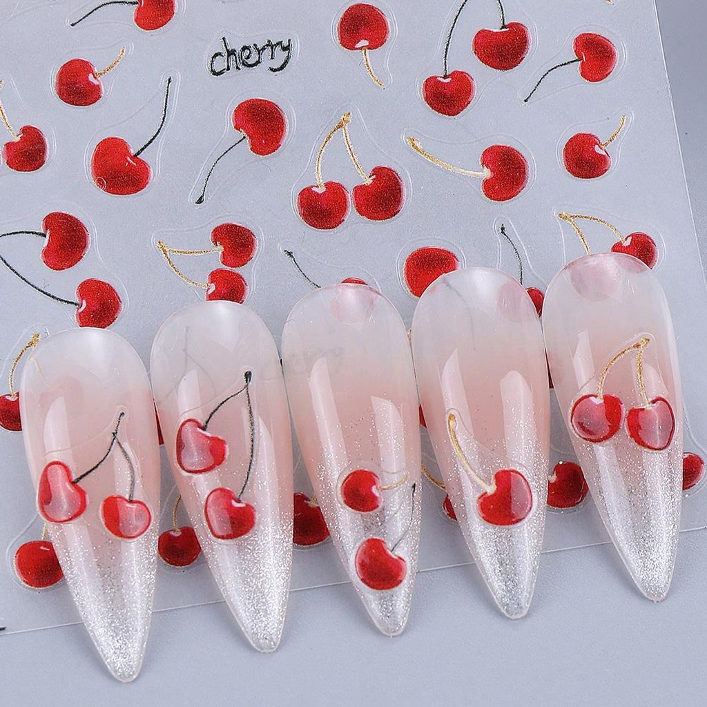 1pc 3D Super Cute Juicy Cherry Nail Art Stickers, DIY Fruit Nail Stickers, Self-Adhesive, DIY Nail Decor, Nail Accessories