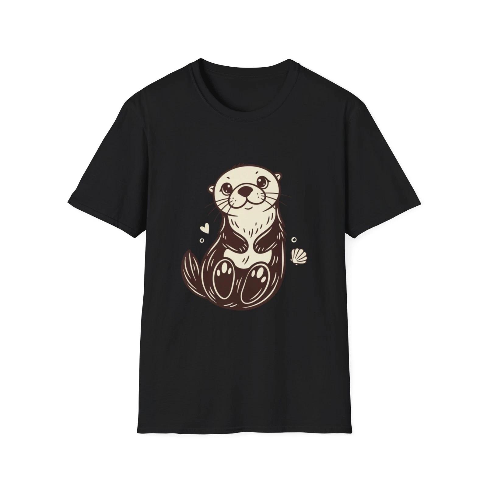 Otter Cute Kawaii Cartoon Black Tee Ocean Animal Graphic T-Shirt XL