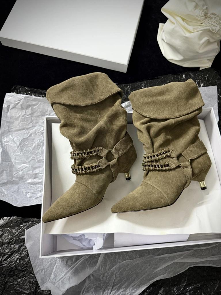 Korean Version of Niche Chain Cat Heel Thin Boots Women's Medium Tube Stacking Boots Temperament Thin High Heel Pointed Western Cowboy Short Boots