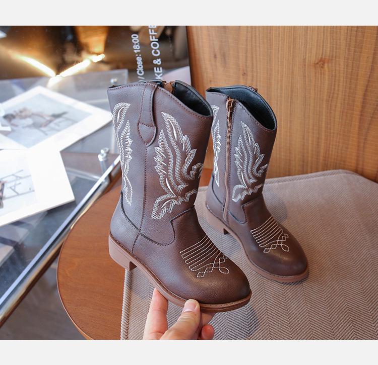 Girls' Embroidered Western Mongolian High-Top Leather Boots - Autumn/Winter 2026, Plus Velvet, Princess Performance Footwear