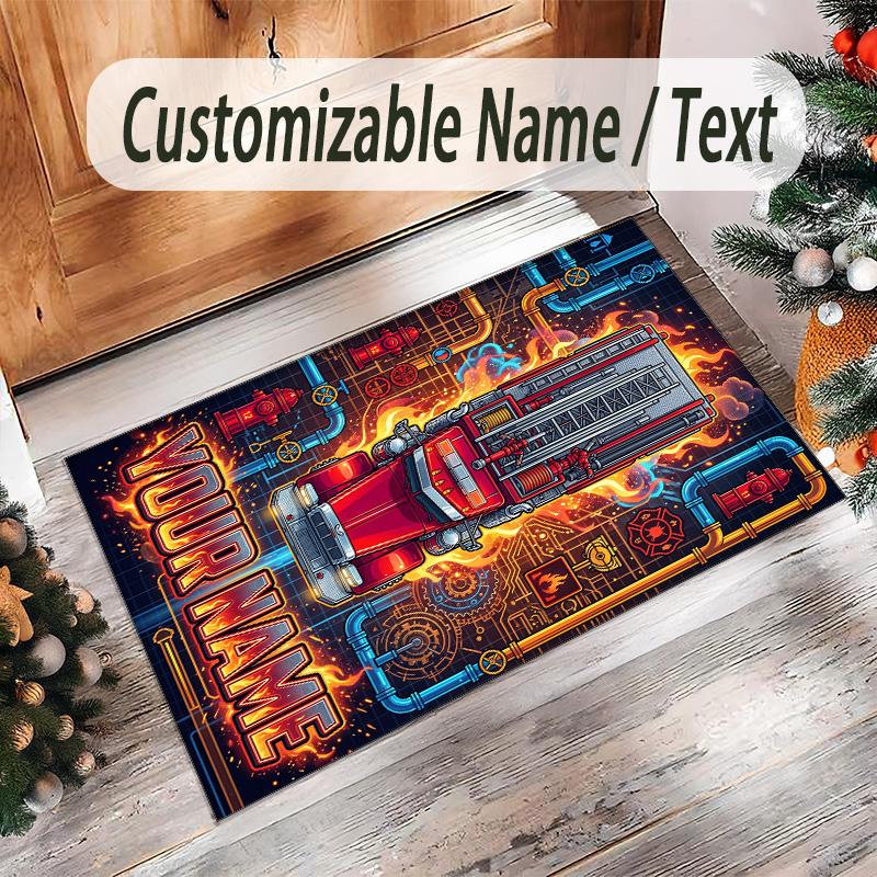 Fire Truck Theme Crystal Velvet Rug Personalized Custom Name Text Soft Floor Mat Home Decor