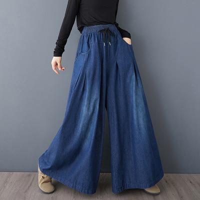 DIMANAF 2024 Summer Plus Size Women Jeans Long Pants Vintage Trousers Loose Wide Leg Pants Casual Blue Large Size