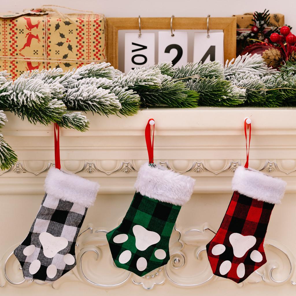 Cartoon Cat Delightful Paw Christmas Stockings In Bright Red Green And Black White