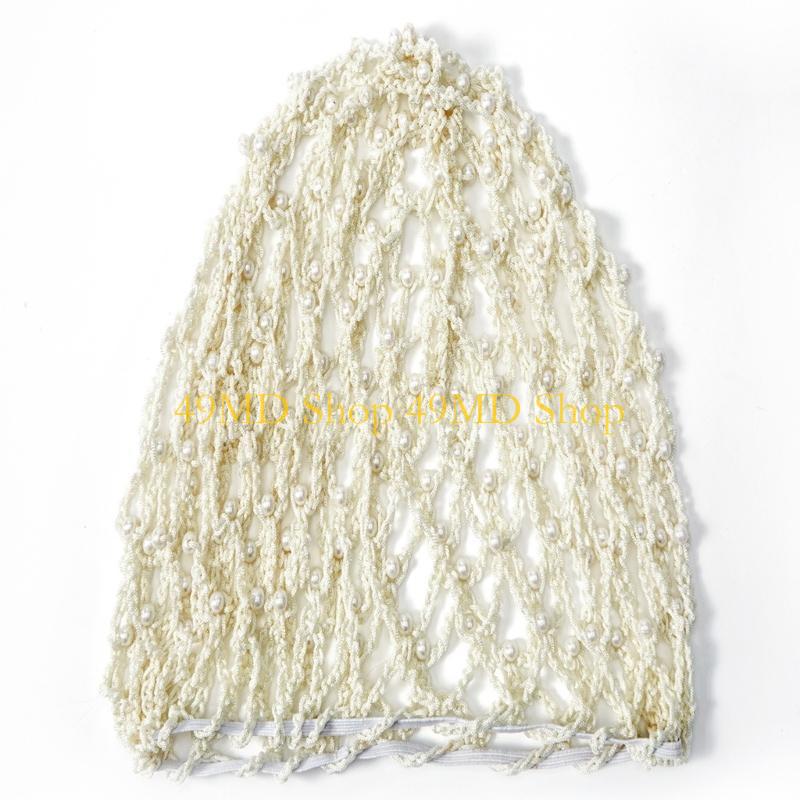 49MD Elegant Handmade Crochet Snood Hair Net Turban Hat for Women with Pearls Bead Decoration Great for Weddings and Parties