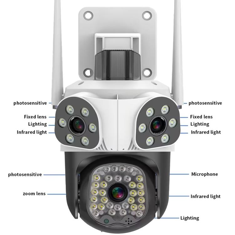 15MP 8K WiFi IP Three Lens Outdoor PTZ Camera 4X Zoom AI Tracking Surveillance Cameras Smart Security Protection CCTV Cam