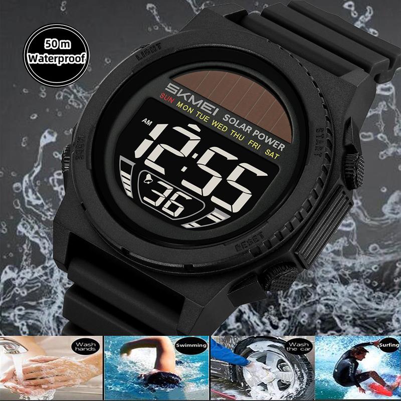 Skmei Solar Energy Digital Watches forMens LED Waterproof Swimming Chronograph TPU Strap Date Week Military Sports Wristwatch