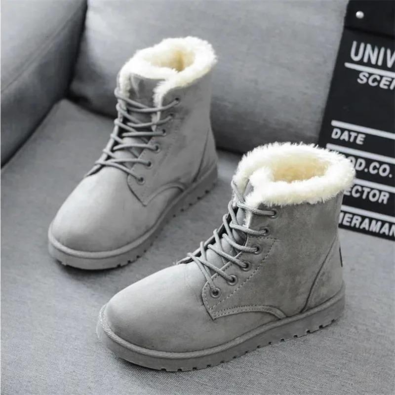 2025 Women Winter Snow Boots Warm Flat Plus Size Platform Lace Up Ladies Women's Shoes New Flock Fur Suede Ankle Boots 35-43
