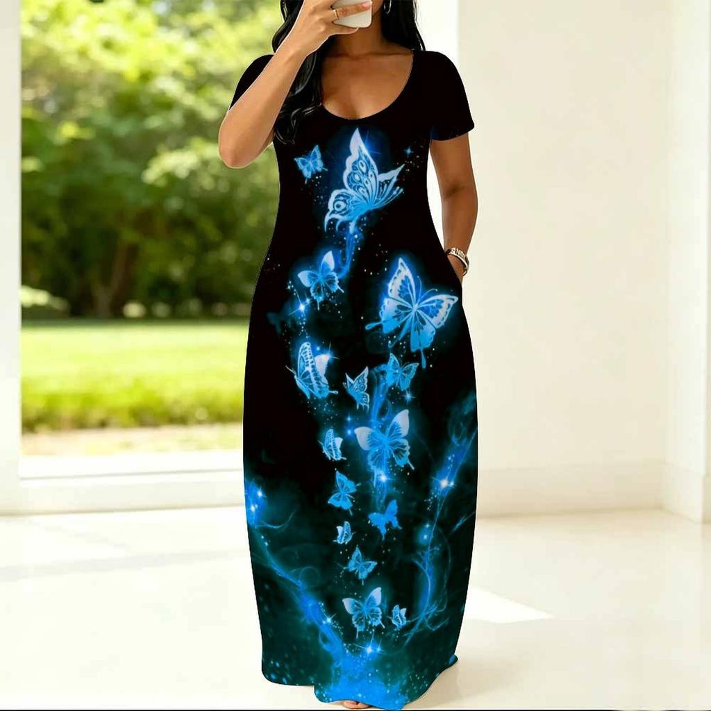 Curvy Women Round Neck Short Sleeve Dress Light Loose Outfit For Summer Daily Life