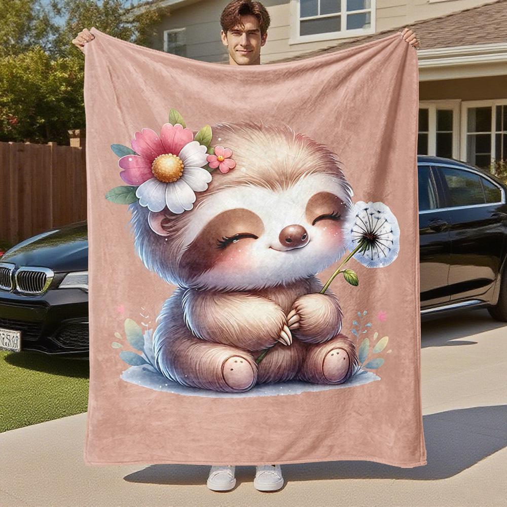 1pc Sloth Flowers Outdoor Flannel Blanket Soft Warm All-Season Throw for Sofa Bed Car Camping Office, Cozy Gift Idea1283S