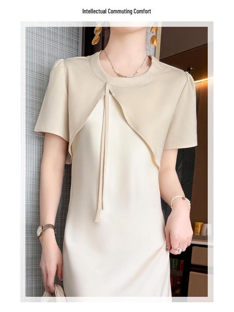 2025 Summer Pearl V-Neck Faux Silk Slip Dress with Diamond Accents