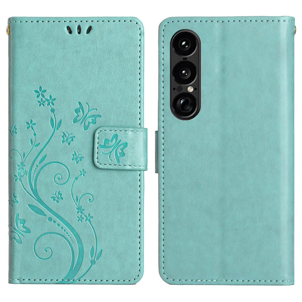 Dla Sony Xperia 1 VII Skórzane etui portfelowe z nadrukiem motyla i kwiatów, pokrowiec na telefon ze smyczą