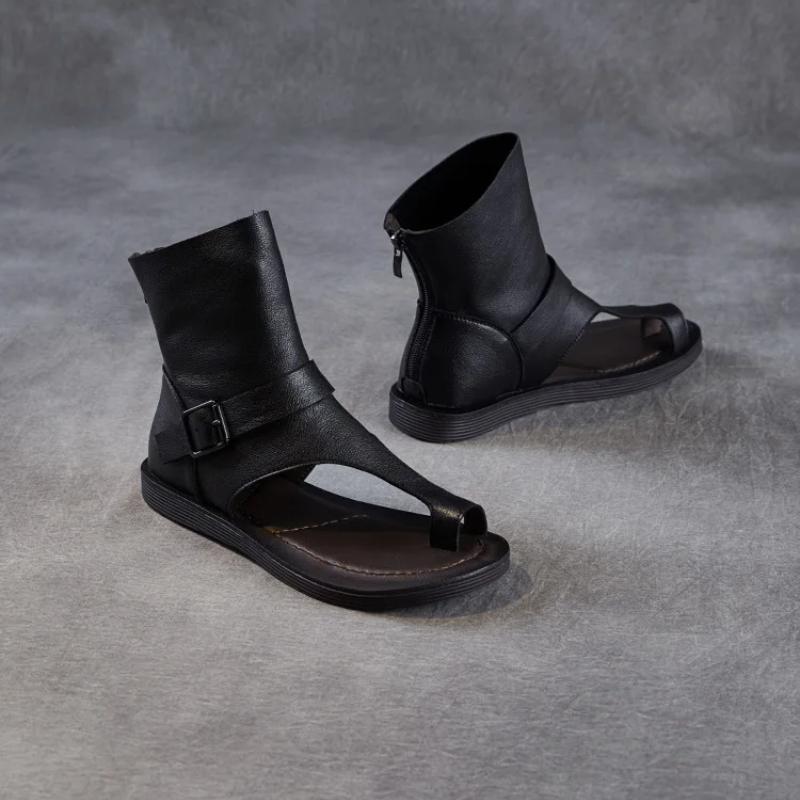 Johnature Genuine Leather Roman Flat Sandals Flip Flops Hollow Short Boots Fashionable Women's Shoes