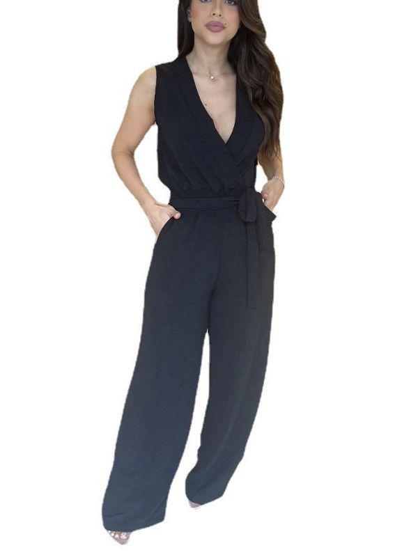 2024 Spring Women's Solid V-Neck Sleeveless Tie-Waist High-Waist Wide-Leg Jumpsuit