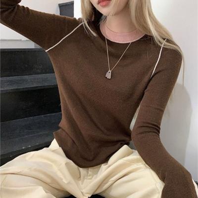 Retro Long-sleeved Sweater, T-shirt, Women's Knitted Sweater, Autumn Slimming and Form-fitting, Laid-back and High-end Base Layer Top