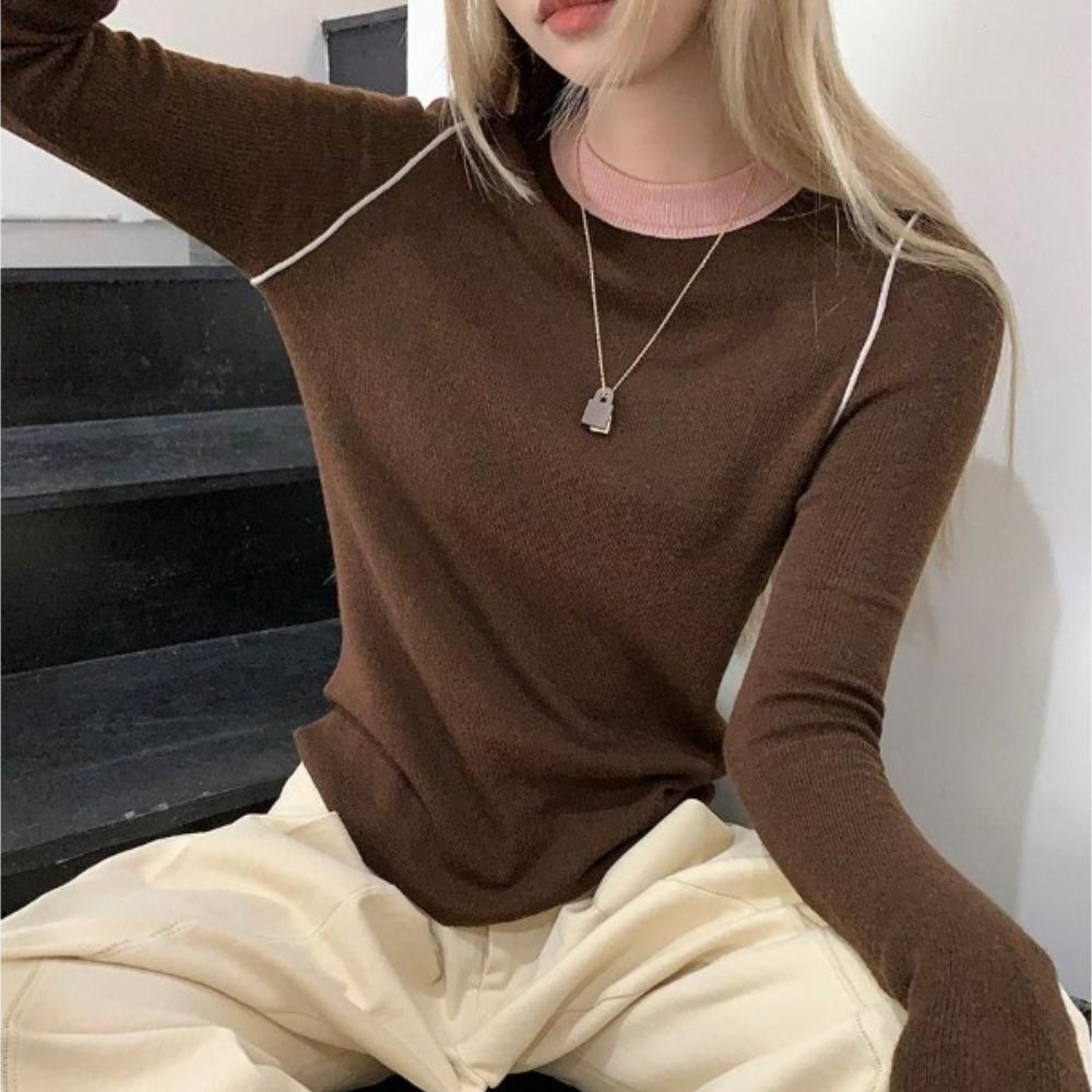 Retro Long-sleeved Sweater, T-shirt, Women's Knitted Sweater, Autumn Slimming and Form-fitting, Laid-back and High-end Base Layer Top