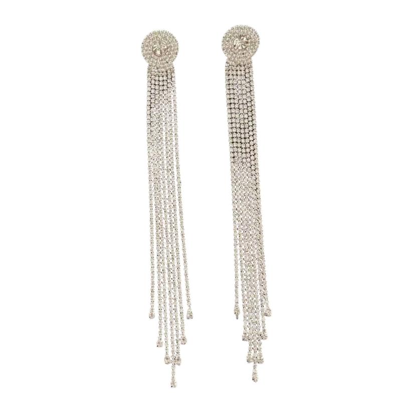 Lightweight Alloy Rhinestones Long Drop Earrings Featuring Flowing Tassels Design Comfortable for Extended Daily Use