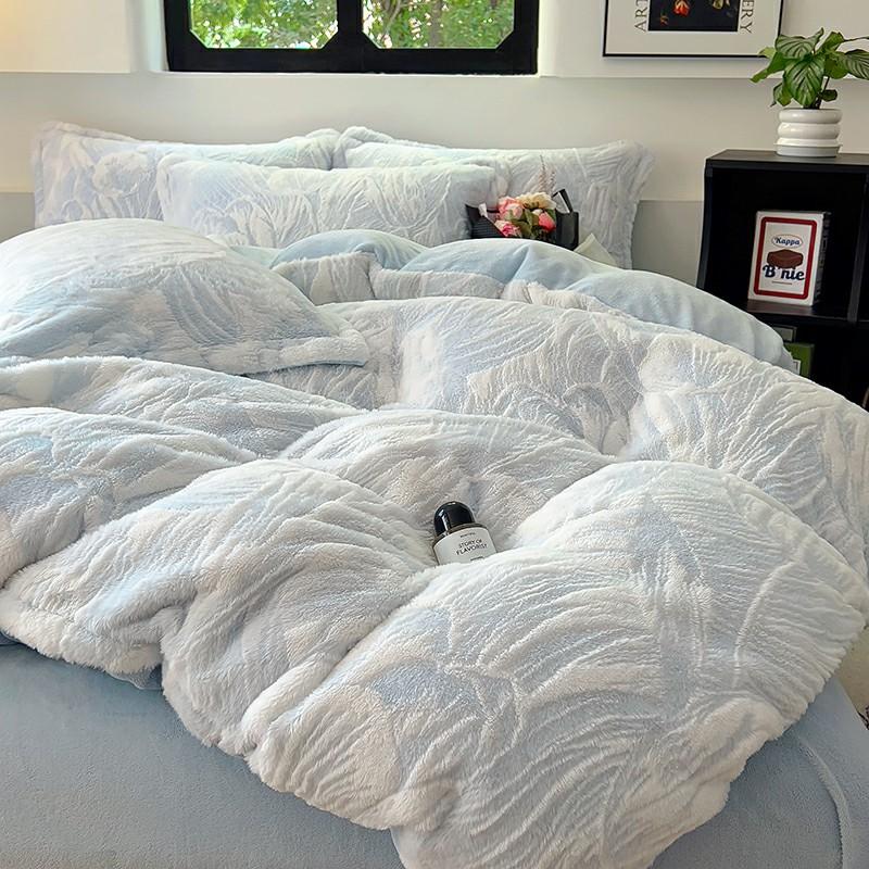 3D Three-Dimensional Thickened Rabbit Hair Carved Fleece Milk Fleece Four-Piece Single Quilt Cover