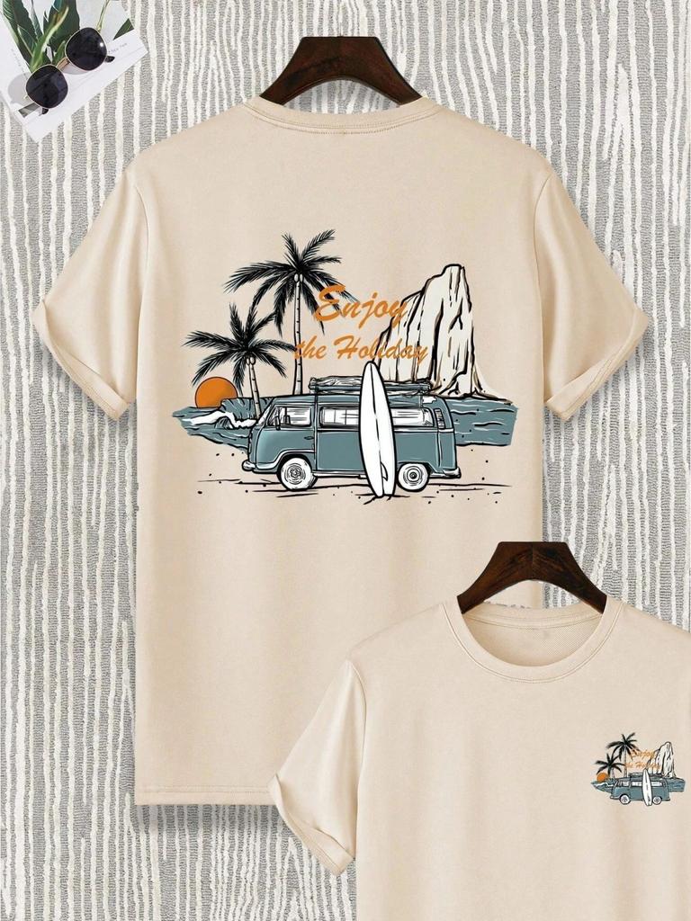 Fashionable mens summer new car and mountain print micro elastic breathable round neck Tshirt outdoor vacation casual top