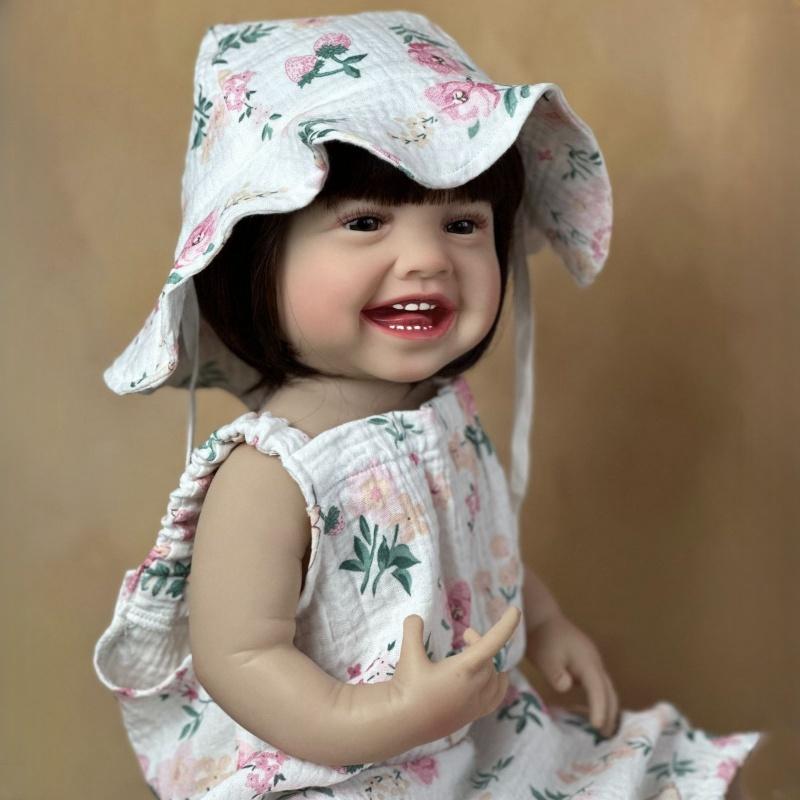 Păpușă renăscută Mila de 55 cm, finisată moale, complet din silicon, lavabilă, păpușă nou-născută drăguță, zâmbet fericit, simulare, păpuși pentru copii, jucării pentru casă de joacă