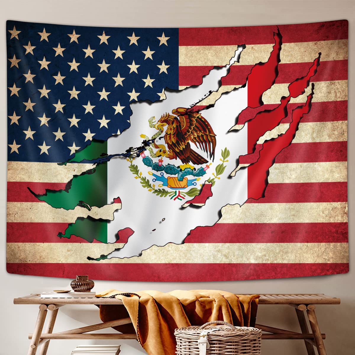VEIGIKE Mexican Flag Tapestry Mexico American Flag Decorative Tapestry Wall Hanging for Bedroom Decoration Art 74x94cm(29x37in)