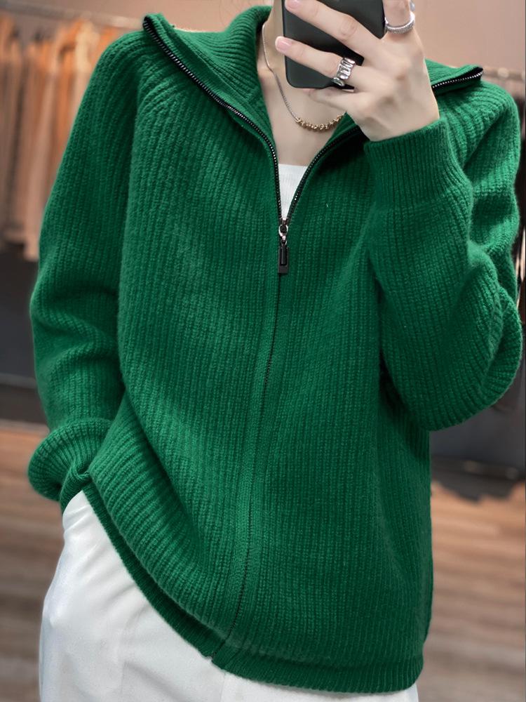 Women's Thick High Neck Zipper Cardigan - Loose Fit, Solid Color Long Sleeve Knit Sweater Coat