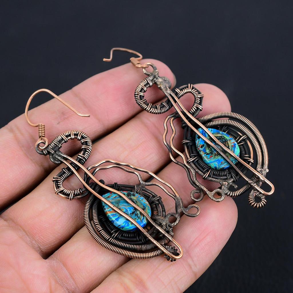 Rainbow Calsilica Earrings, 999 Copper Wire Wrapped Earrings, Handmade Gemstone Jewelry Earrings For Memorial Day