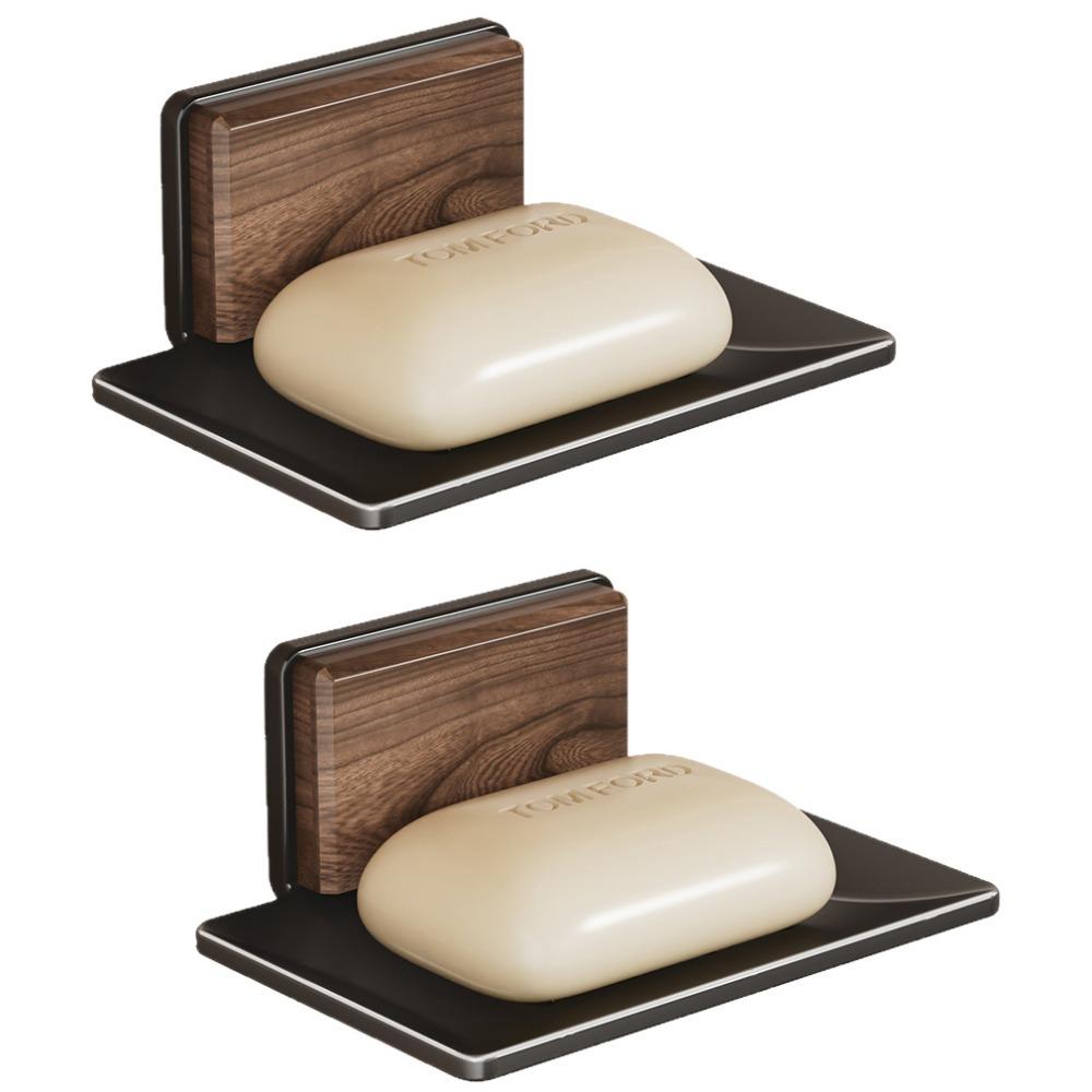 Portable Walnut Soap Dish Punch-free Wall Mounted Sponge Holder Space Saving Reusable Soap Bar Holder for Bathroom Kitchen