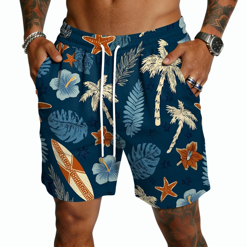 Men's Casual Hawaiian Print Drawstring Shorts, Lightweight Quick-Dry 5-Inch Inseam Beach Shorts for Summer Vacation