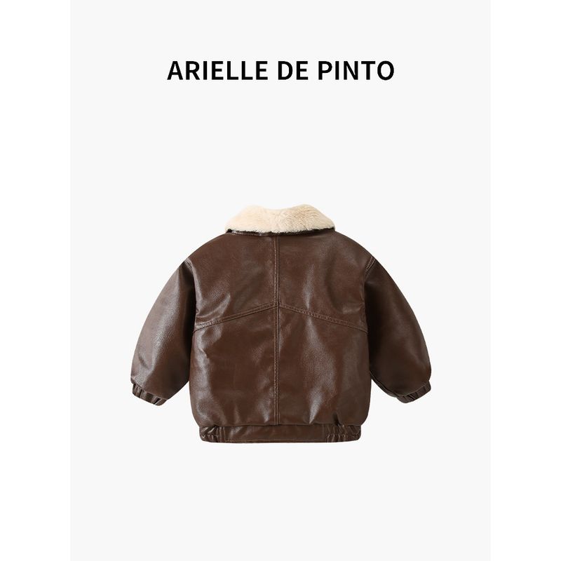French Arielle De Pinto Boys' Fleece-Lined Leather Jacket, Stylish and Trendy Autumn and Winter Children's Jacket Cotton Coat