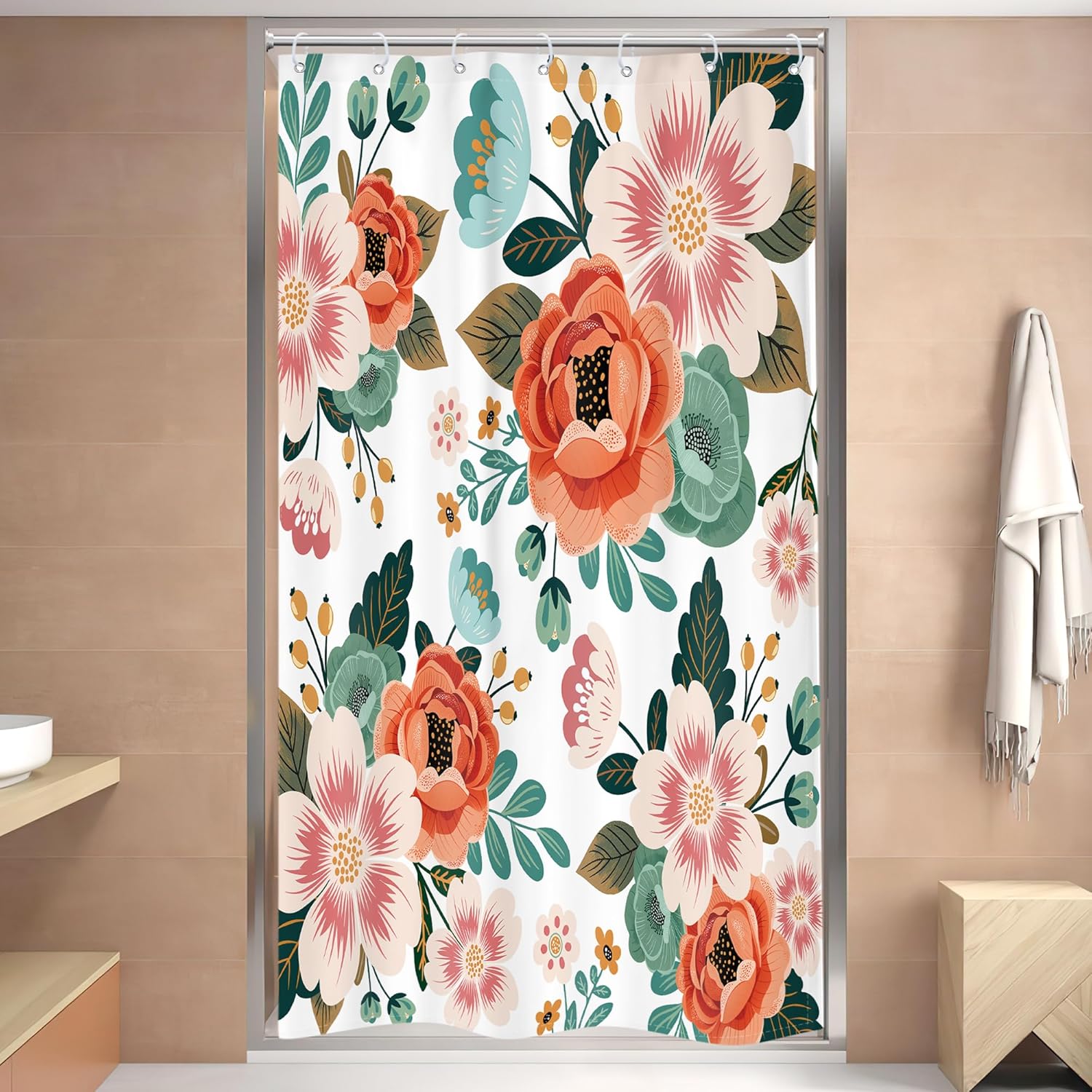 

Flower Clawfoot Tub Shower Curtain Floral Wrap All Around Extra Wide Season Green Leaves Spring Orange Bathroom Decor Fabric W60H190(CM)-1 Pcs