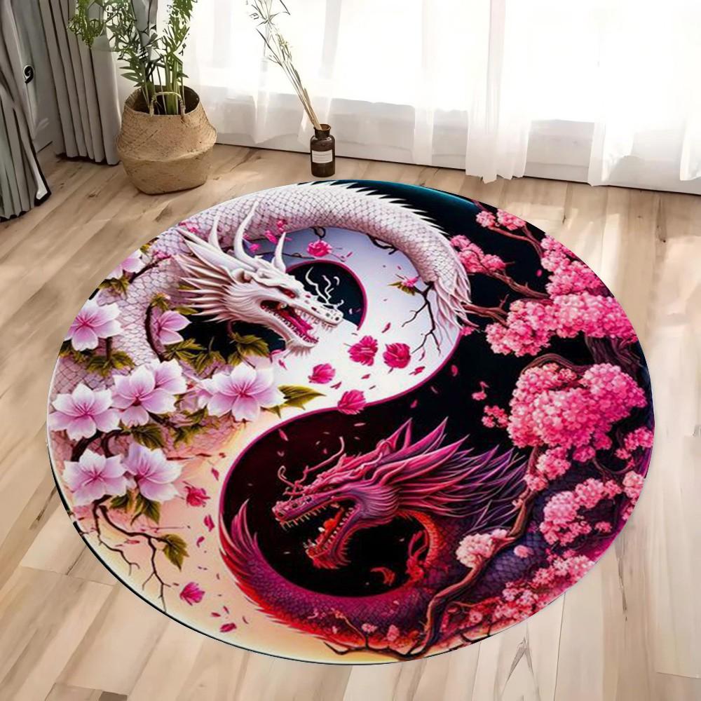 Yin Yang Mythische Kreaturen Muster Runder Fußabtreter Lebhafte Drachen und Glücksbringende Tiere Rutschfeste Fußmatte für Heimdekoration