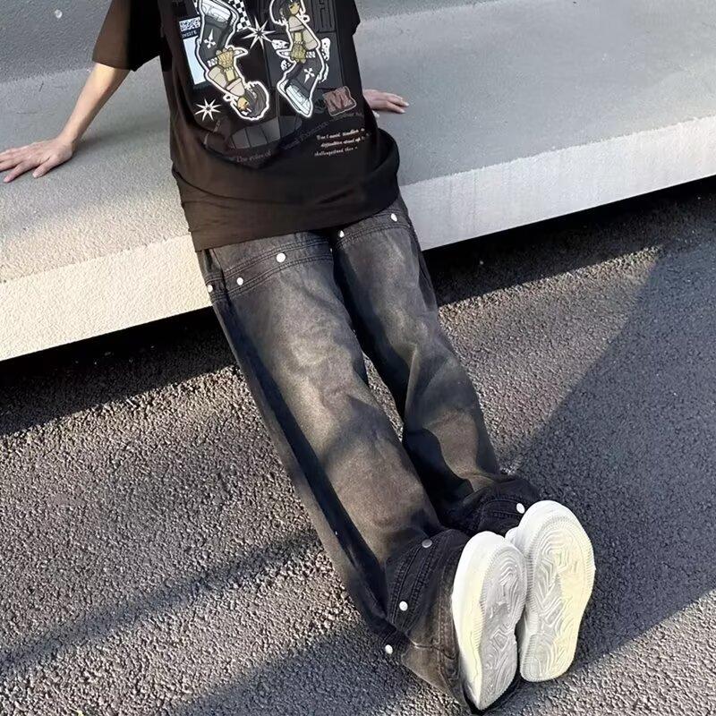 High Street Džínové Kalhoty pro muže, Retro Distressed, Volné Rovné Kalhoty, Široké Sportovní Kalhoty, Trendy