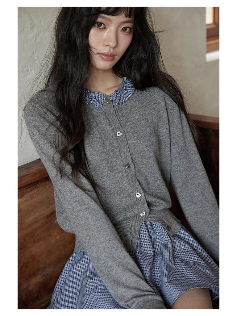 Yimeng 2025 Korean Style Patchwork Long Sleeve Knitted Cardigan for Women