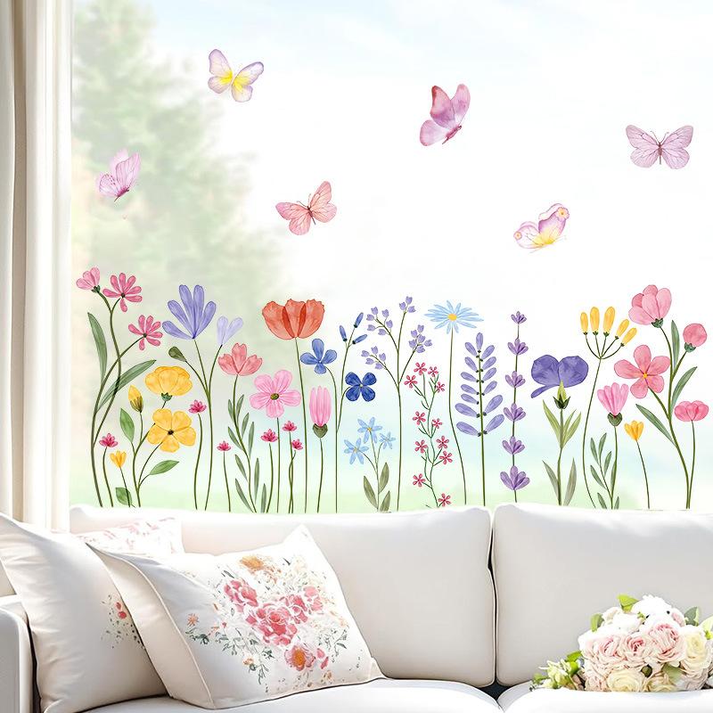 Watercolor Floral Wall Stickers, Self-Adhesive PVC Decals for Kids Room, Living Room & Bedroom Wall Decor, Glass Window Stickers, DIY Home Decoration