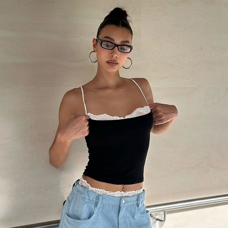 

Gusty High Street American Style Sexy Sexy Lace Splicing Sling Vest Women s Spring and Summer Fashion Style Niche Top Tide Black S