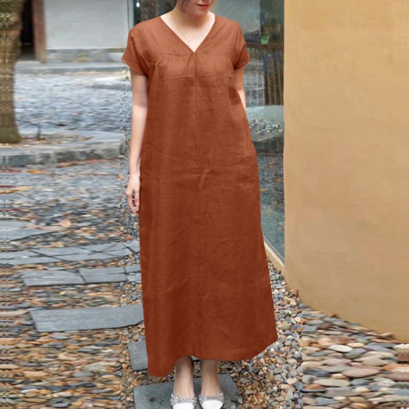 ZANZEA Women Casual V-Neck Solid Color Short Sleeve Long Dress S коричневый
