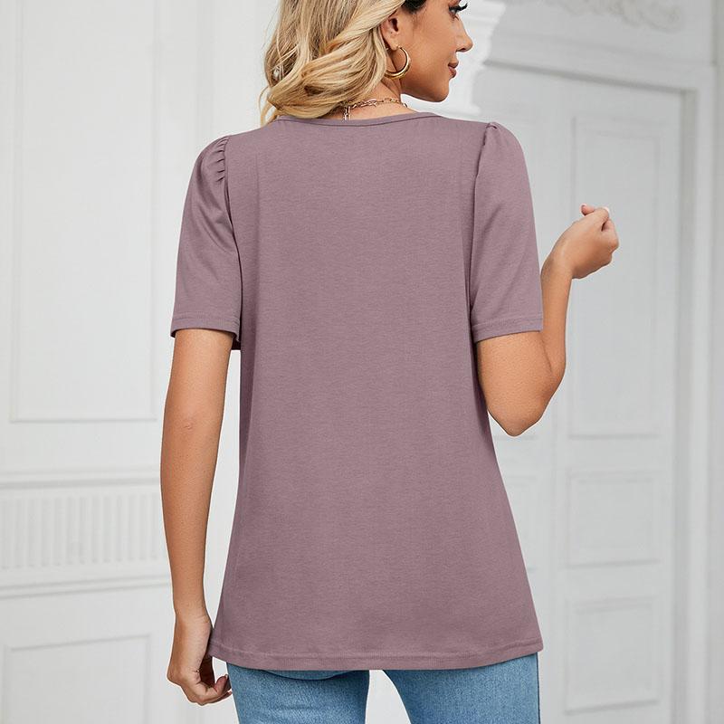 T-shirt d'été à manches courtes et col carré pour femme, couleur unie, ample