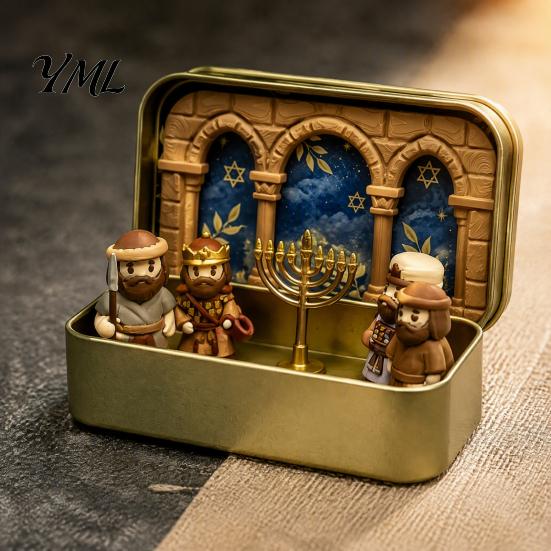 Religious Home Decoration Hanukkah Miniature Diorama Scene Box, 3D Printed Pocket Figurine Set with Decorations Storage Case, Menorah Micro