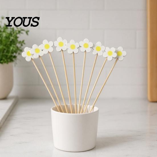 Candied Hawthorn Sticks 100PCS Disposable Fruit Stick, Flower Top Decor Bamboo Skewers, Multipurpose Daisy Sunflower Skewers Food Picks Party