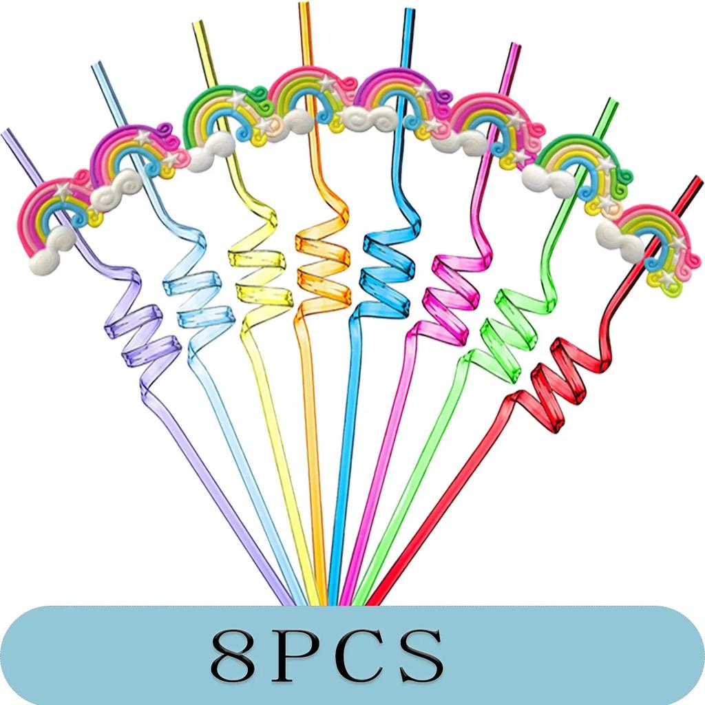 8-24PCS Curly Colored Reusable Children's Straws, Mermaid, Rainbow, Little Mary Straws For Princess Birthday Party Decorations