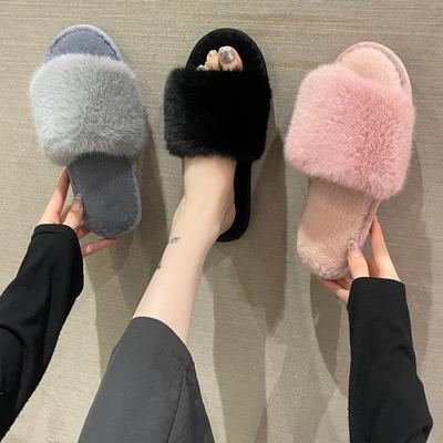 Fashion Winter Women Winter House Furry Slippers Non-Slip Casual Indoor Flats Floor Shoes Ladies Flip Flops Warm Shoes Solid Colors