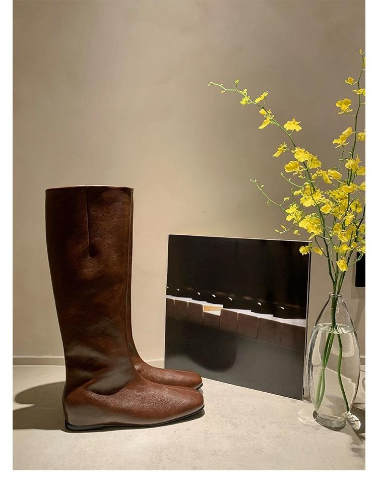 New Autumn and Winter Shoes: Versatile Square-toed Flat Mid-calf Boots